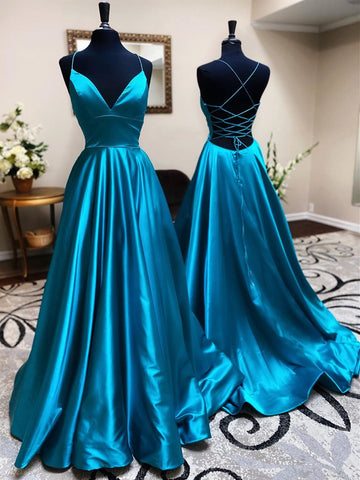 A Line V Neck Deep Blue Sleeveless Long Prom Dresses, Deep Blue V