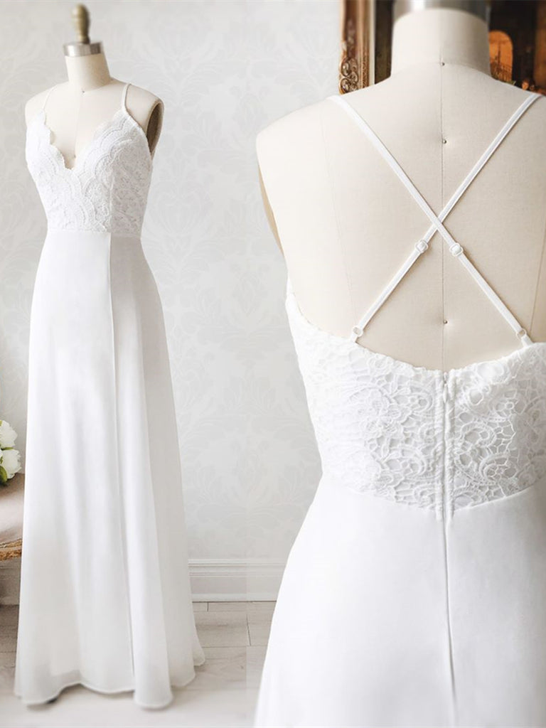 V Neck Backless White Lace Prom Dresses, Open Back White Lace Wedding Bridesmaid Dresses