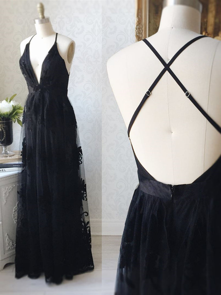 no back dress prom V Neck Black Backless Lace Prom Dresses, Open Back Black Lace Formal E – jbydress