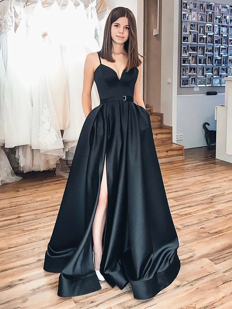 V Neck Black Satin Prom Dresses, Black Long Formal Evening Graduation jbydress V Neck Black Satin Prom Dresses, Black Long Formal Evening Graduation jbydress