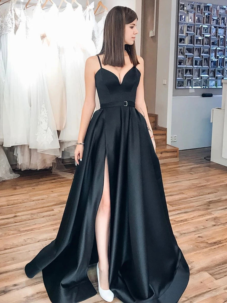 V Neck Black Satin Prom Dresses, Black Long Formal Evening