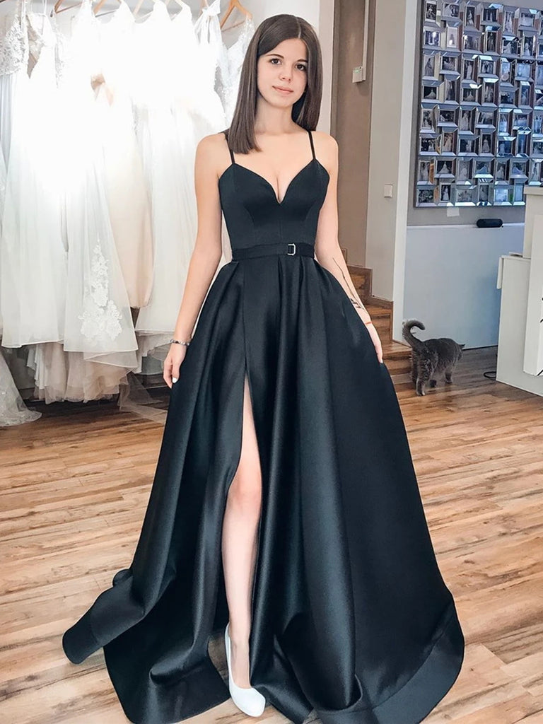 V Neck Black Satin Prom Dresses, Black Long Formal Evening
