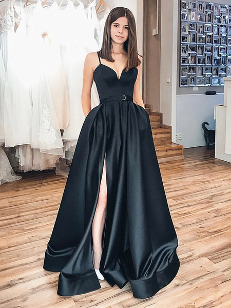 V Neck Black Satin Prom Dresses, Black Long Formal Evening Graduation Dresses