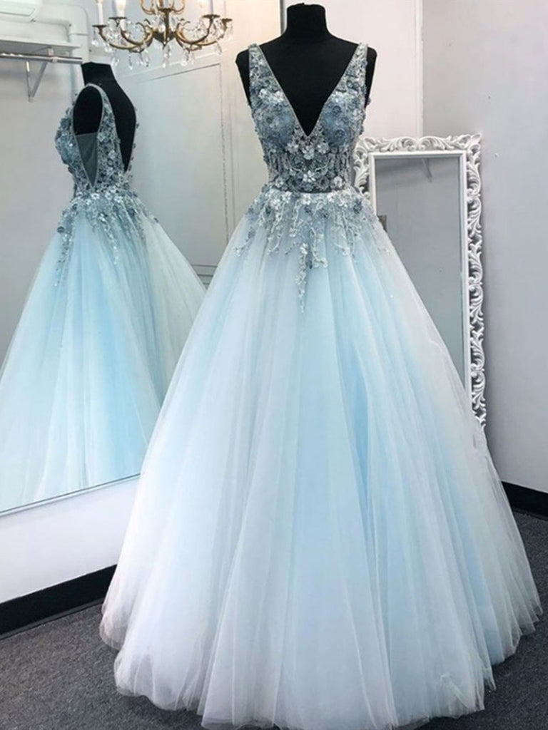 V Neck Blue Lace Floral Long Prom Dresses, Backless Long Blue Lace Formal Evening Dresses