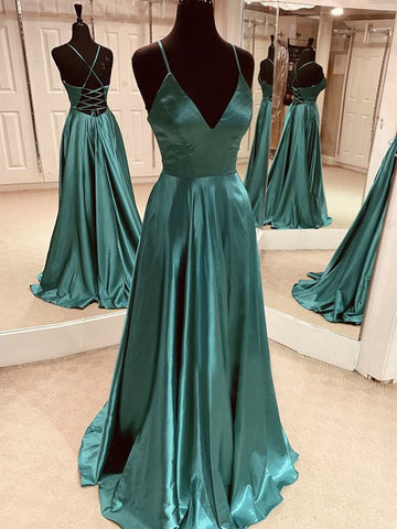 V Neck Emerald Green Open Back Long Prom Dresses, Green Satin Formal Evening Dresses