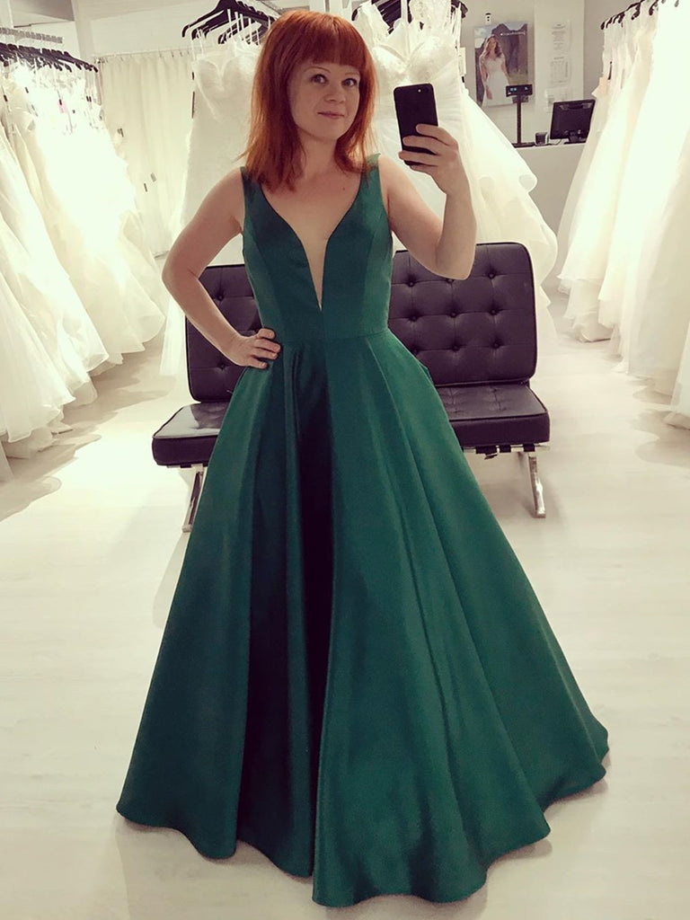 V Neck Emerald Green Satin Prom Dresses, Emerald Green Satin Formal Evening Dresses