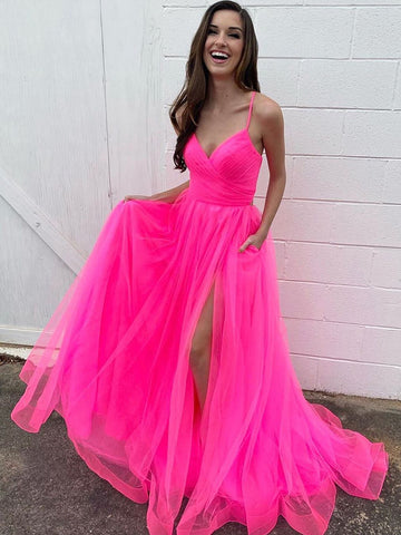 V Neck Hot Pink Long Prom Dresses, V Neck Hot Pink Long Formal Evening Dresses
