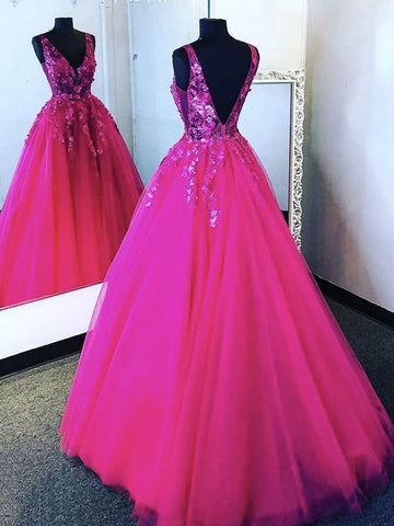 V Neck Hot Pink Tulle Lace Prom Dresses, Backless Hot Pink Floral Formal Evening Dresses