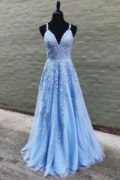 V Neck Long Blue Lace Prom Dresses, Blue Long Lace Formal Evening Bridesmaid Dresses