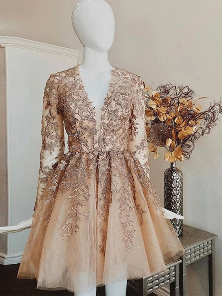 V Neck Long Sleeves Champagne Lace Prom Dresses, Long Sleeves Champagn jbydress V Neck Long Sleeves Champagne Lace Prom Dresses, Long Sleeves Champagn jbydress