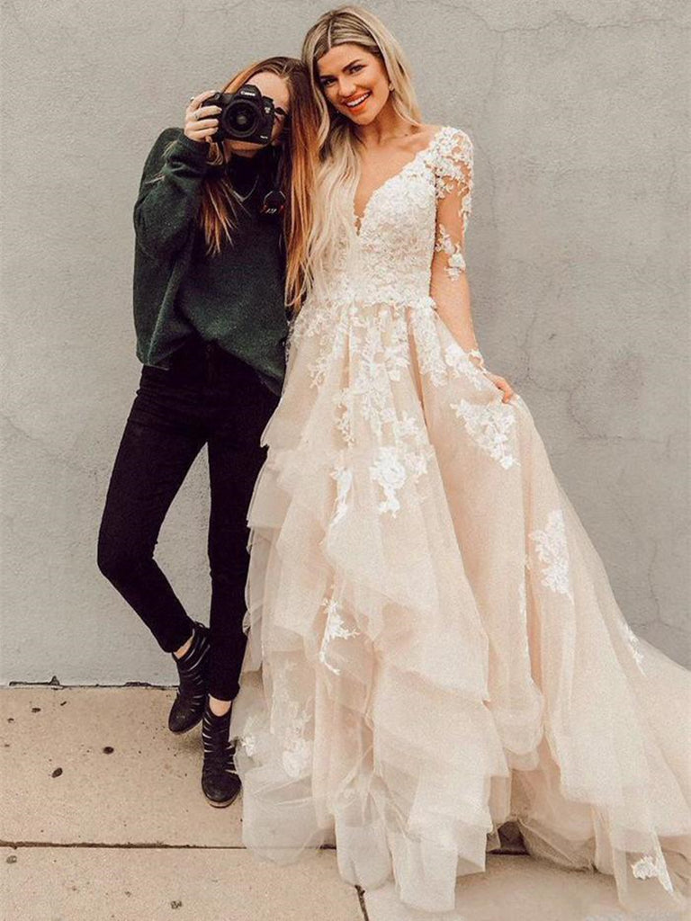 Custom Made V Neck Long Sleeves Champagne Wedding Dresses, Champagne W jbydress Custom Made V Neck Long Sleeves Champagne Wedding Dresses, Champagne W jbydress