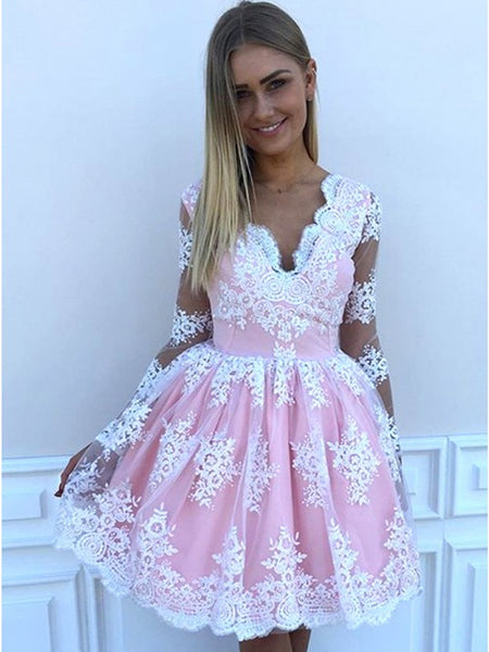 V Neck Long Sleeves Short Pink Prom Dresses with White Lace, Short Lace Formal Homecoming Graduation Dresses