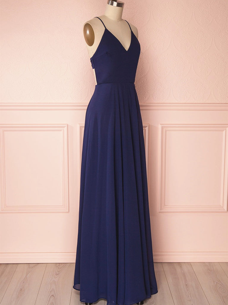 V Neck Navy Blue Backless Prom Dresses Long, Navy Blue Backless Brides