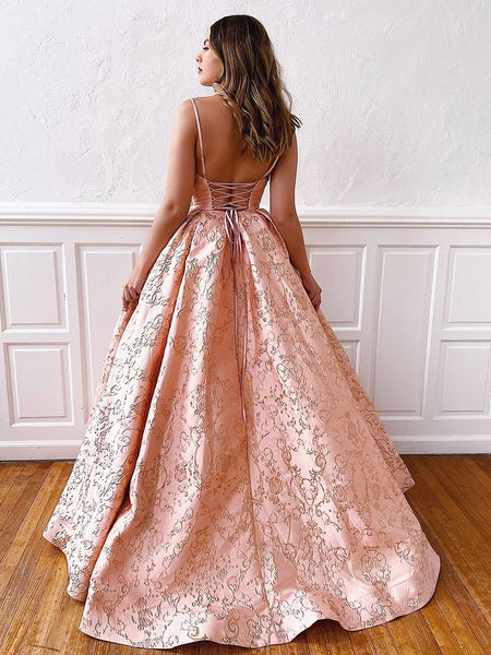 V Neck Pink Lace Prom Gown with Corset Back, Pink Lace Corset Back Prom Formal Evening Dresses