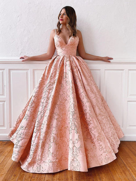 V Neck Pink Lace Prom Gown with Corset Back, Pink Lace Corset Back Prom Formal Evening Dresses