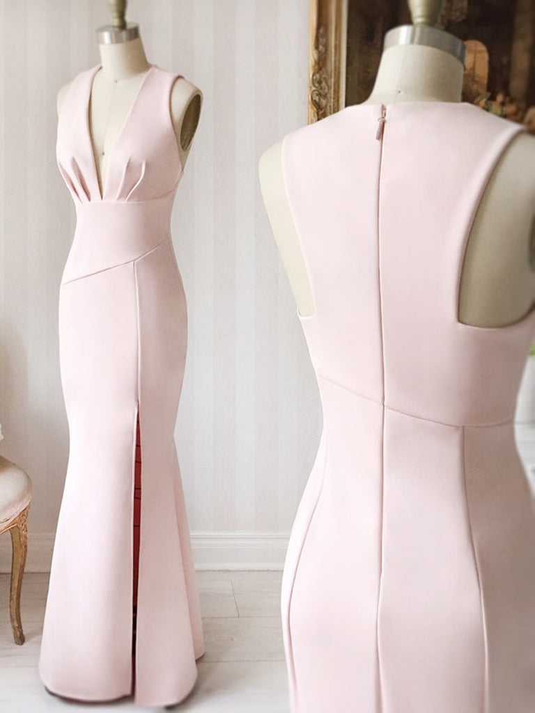 V Neck Pink Long Prom Dresses, Pink Long Formal Evening Bridesmaid Dresses