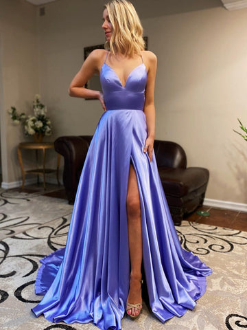 V Neck Purple Backless Long Prom Dresses, Open Back Purple Long Formal Evening Dresses