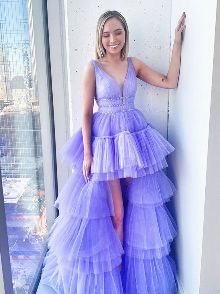V Neck Purple High Low Prom Dresses, Purple High Low Formal Evening Gr – jbydress