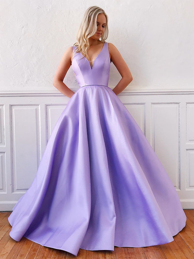 V Neck Purple Long Satin Prom Dresses, Purple V Neck Formal Evening Dresses