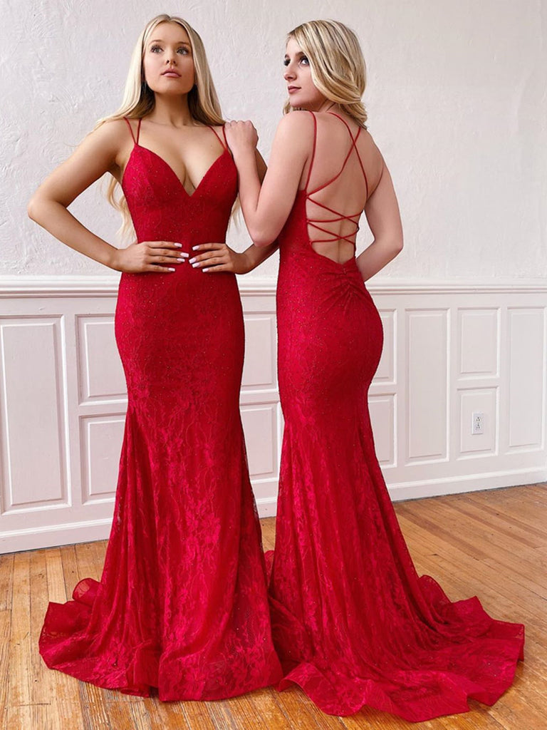 V Neck Red Mermaid Lace Prom Dresses, Mermaid Red Lace Formal Evening Dresses