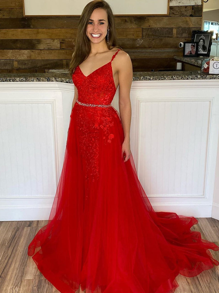 V Neck Red Mermaid Lace Prom Dresses, Red Mermaid Lace Formal Evening Dresses