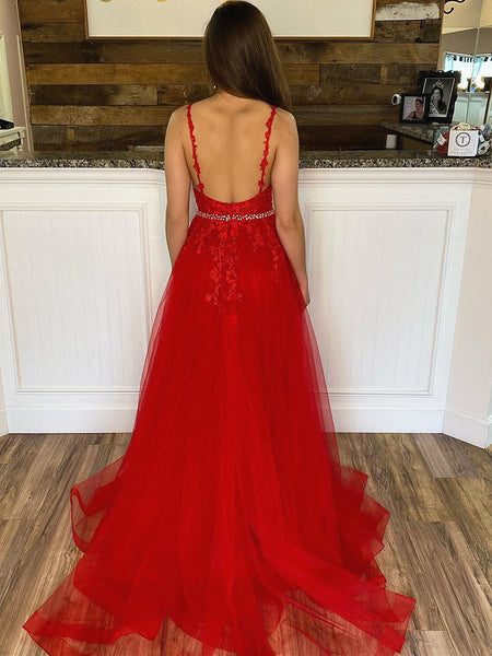 V Neck Red Mermaid Lace Prom Dresses, Red Mermaid Lace Formal Evening Dresses