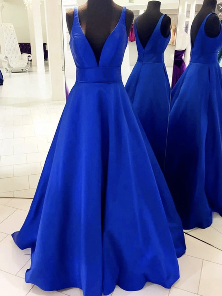 V Neck Royal Blue Satin Prom Dresses, Royal Blue Satin Formal Evening Bridesmaid Dresses