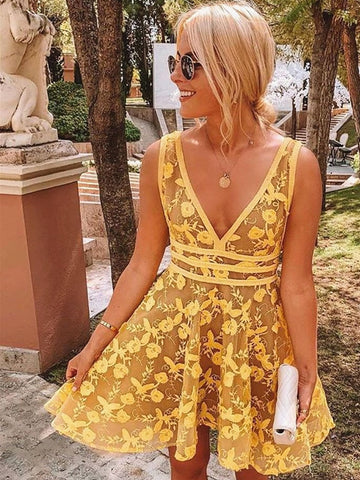 V Neck Short Yellow Lace Prom Dresses, Short Yellow Lace Formal Homecoming Dresses