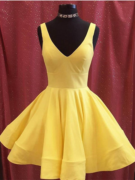 V Neck Short Yellow Prom Dresses, Short V Neck Yellow Graduation Formal Homecoming Dresses
