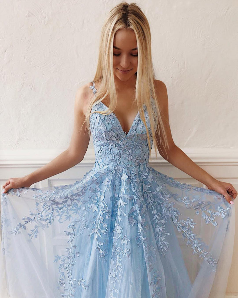 V Neck Sky Blue Lace Prom Dresses Long, Blue Long Lace Bridesmaid Dres jbydress V Neck Sky Blue Lace Prom Dresses Long, Blue Long Lace Bridesmaid Dres jbydress