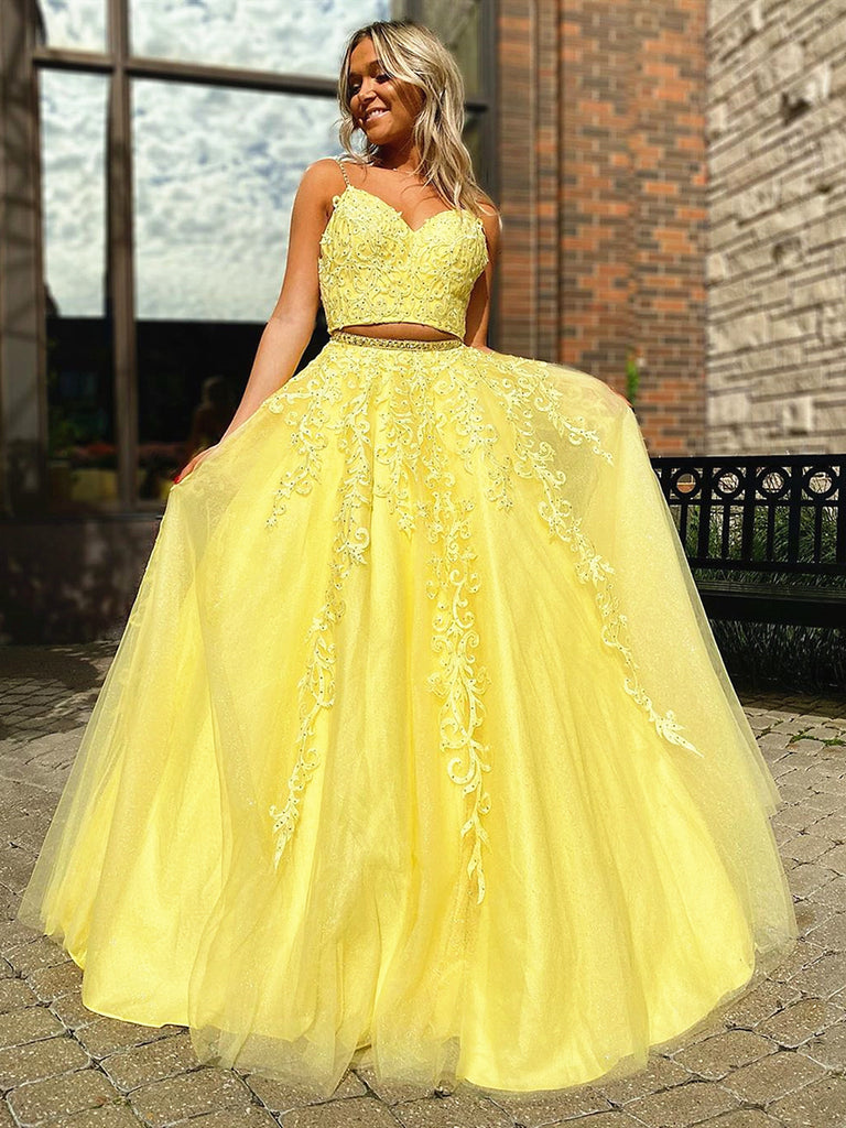 V Neck V Neck 2 Pieces Yellow Lace Prom Dresses, Two Pieces Yellow Lace Formal Evening Dresses