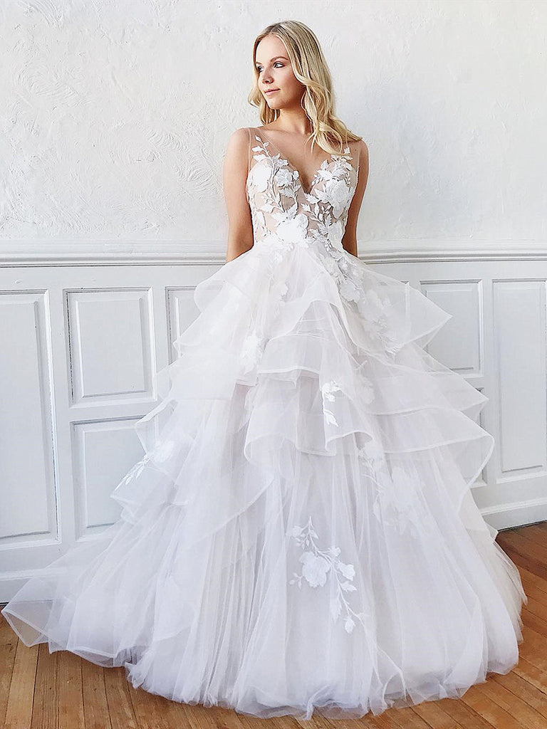 V Neck Backless White Floral Lace Wedding Dresses, White V Neck Floral jbydress V Neck Backless White Floral Lace Wedding Dresses, White V Neck Floral jbydress