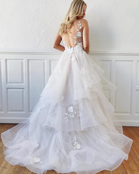 V Neck White Floral Lace Wedding Dresses, White V Neck Floral Lace Prom Dresses, Wedding Gowns