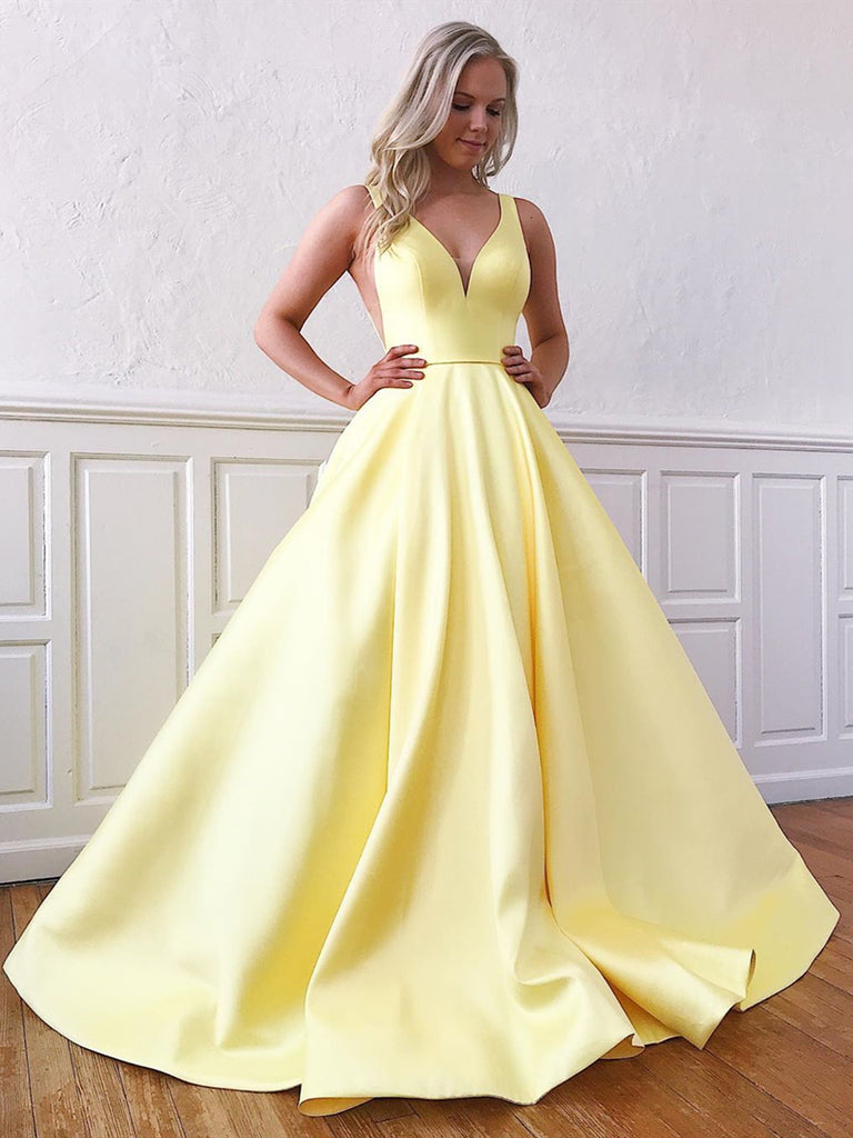 V Neck Yellow Satin Prom Dresses, V Neck Yellow Formal Evening Graduat jbydress V Neck Yellow Satin Prom Dresses, V Neck Yellow Formal Evening Graduat jbydress