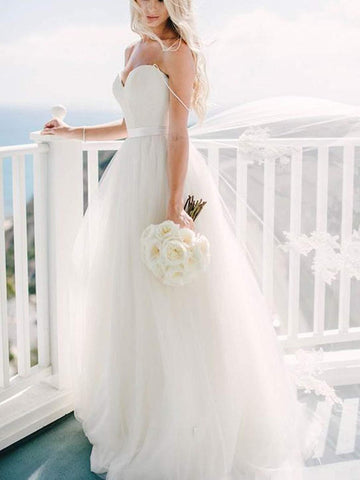 A Line Sweetheart Neck  Ivory Wedding Dress with Sash, Sweetheart Neck Formal Dresses