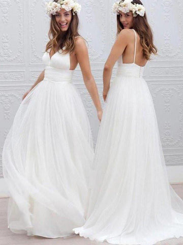 A Line V Neck Open Back White Wedding Dresses, White V Neck Prom Dresses, Formal Dresses
