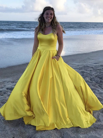 Yellow Satin Long Prom Dresses, Yellow Long Satin Formal Evening Dresses