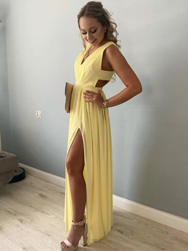 Yellow V Neck Long Chiffon Prom Dresses, V Neck Yellow Long Chiffon Fo jbydress Yellow V Neck Long Chiffon Prom Dresses, V Neck Yellow Long Chiffon Fo jbydress