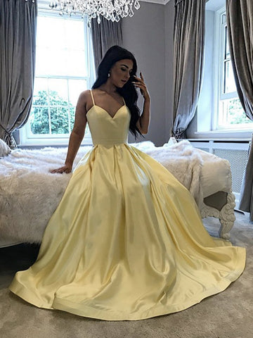 Yellow V Neck Long Satin Prom Dresses, Yellow Long Formal Evening Dresses