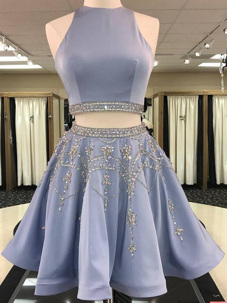A Line 2 Pieces Beaded Blue Satin Short Prom Dresses, 2 Pieces Homecom jbydress A Line 2 Pieces Beaded Blue Satin Short Prom Dresses, 2 Pieces Homecom jbydress