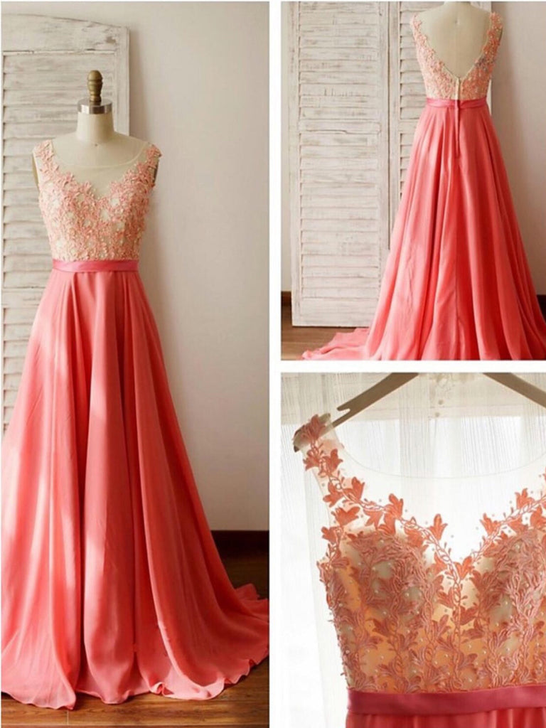 A Line Round Neck V Neck Back Long Coral Lace Prom Dress, Long Lace Fo jbydress A Line Round Neck V Neck Back Long Coral Lace Prom Dress, Long Lace Fo jbydress