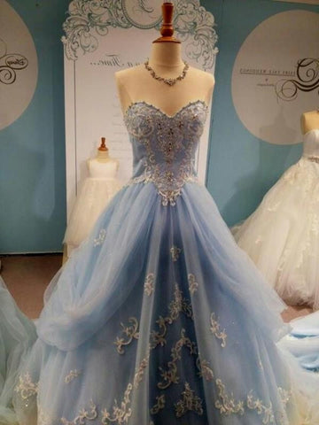 Custom Made Sweetheart Neck Light Blue Wedding Dresses, Prom Dresses, Formal Dresses with Lace Flower