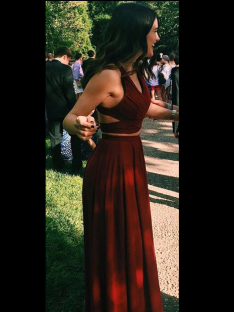 Custom Made A Line 2 Pieces Maroon Prom Dresses, 2 Pieces Maroon Bridesmaid Dresses