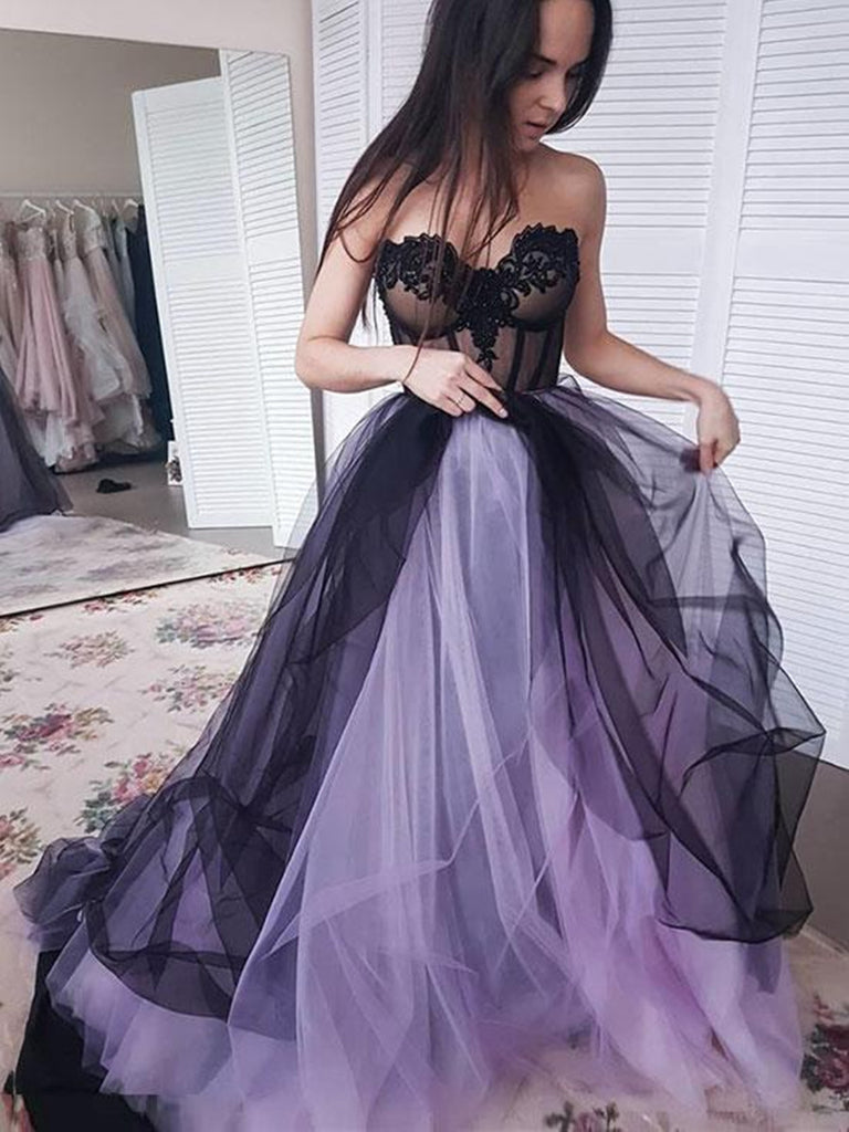 Purple Prom Dress With Black Floral Lace Appliques,half Sleeve Evening Dress,minimalist  Long Tulle Party Dress,elegant Boat Neck Formal Gown - Etsy