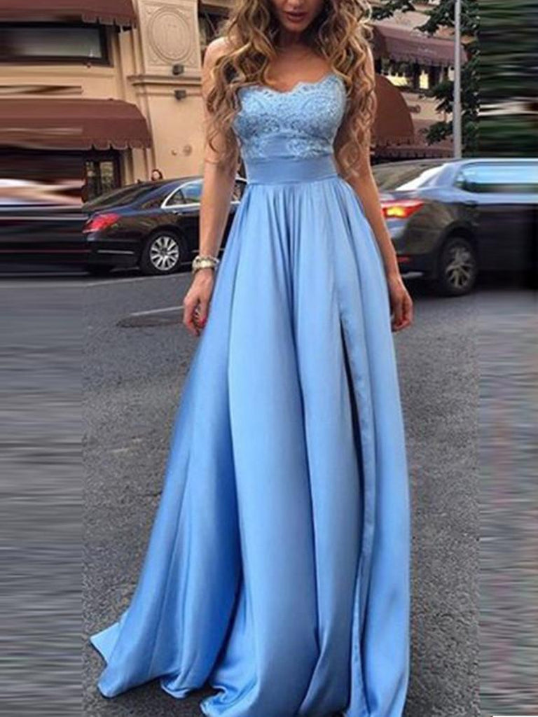 A Line Light Blue Floor Length Prom Dress with Lace Top, Blue Lace Formal Dresses, Evening Dresses
