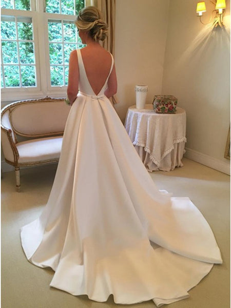 Custom Made Backless Ivory Wedding Dresses with Sweep Train, Backless Prom Dresses