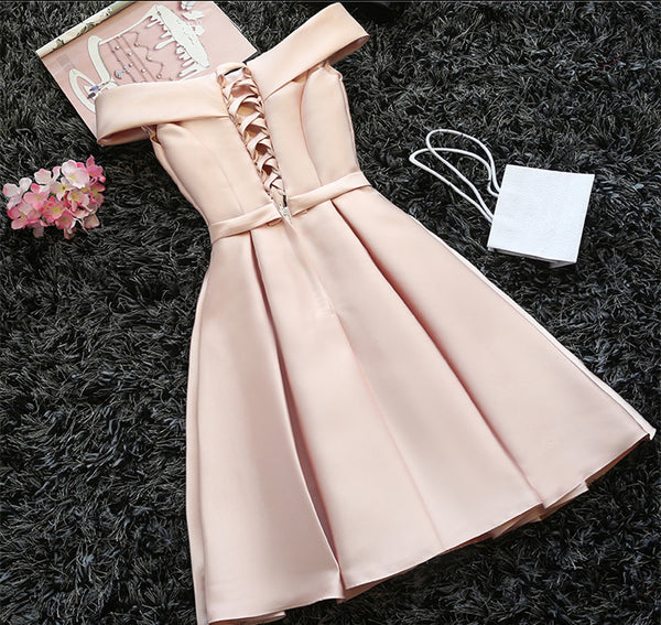 Custom Made Light Pink Off Shoulder Prom Dresses, Short Graduation Dresses, Pink Homecoming Dresses