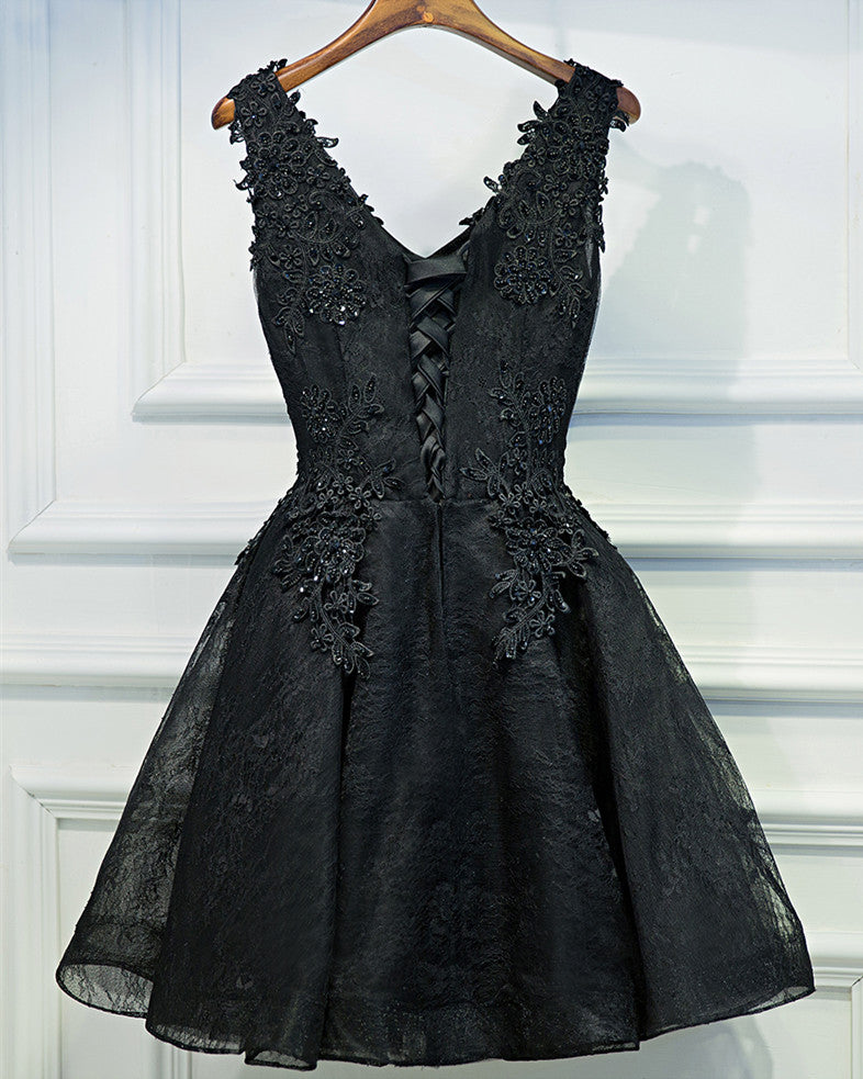 A Line V Neck Short Black Lace Prom Dresses, Black Short Formal Dresse jbydress A Line V Neck Short Black Lace Prom Dresses, Black Short Formal Dresse jbydress