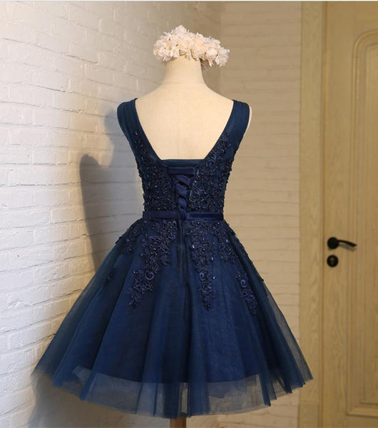 Custom Made A Line Short Navy Blue Prom Dresses, Short Lace Homecoming Dresses, Navy Blue Lace Formal Dresses