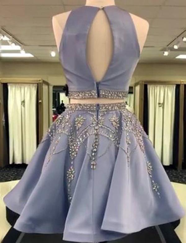 A Line 2 Pieces Beaded Blue Satin Short Prom Dresses, 2 Pieces Homecom jbydress A Line 2 Pieces Beaded Blue Satin Short Prom Dresses, 2 Pieces Homecom jbydress
